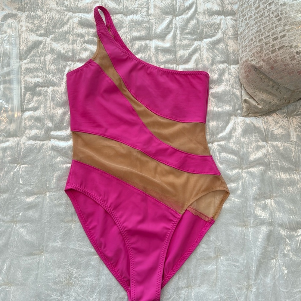 Norma Kamali one shoulder mesh one piece